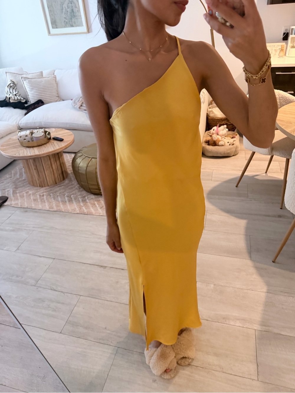 Commense One-Shoulder Mustard Yellow Slip Dress
